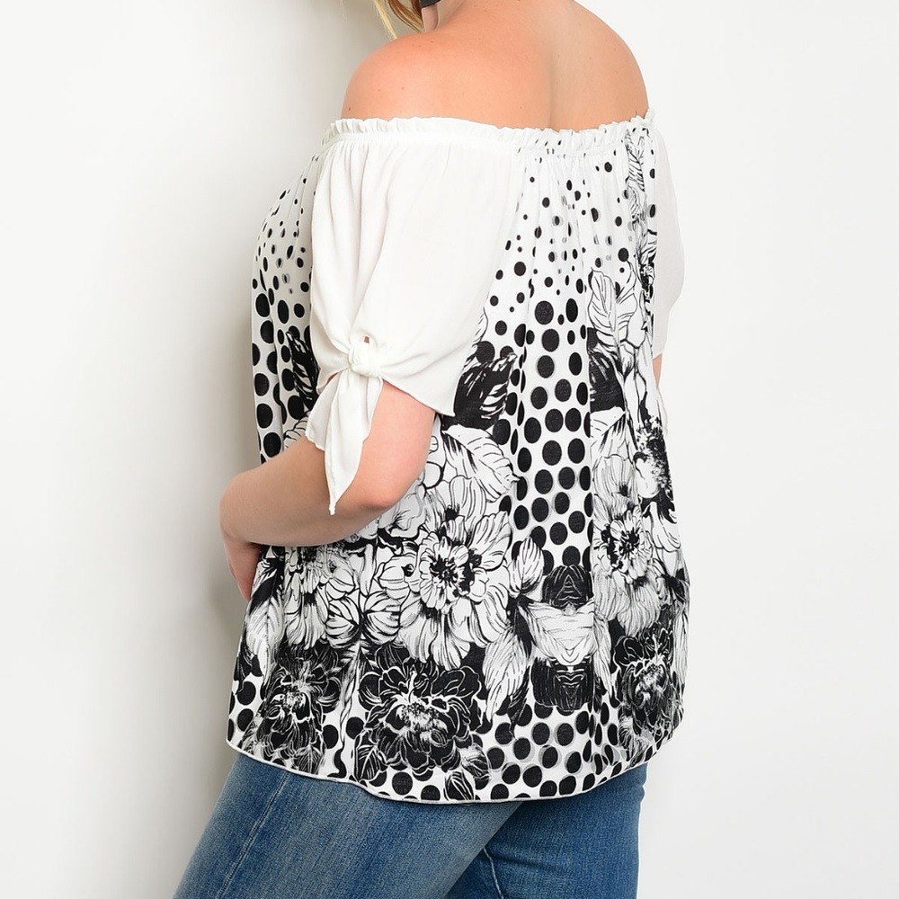 Off Shoulder Mixed Graphic Print Tie Sleeve Top - Picture 5 of 6